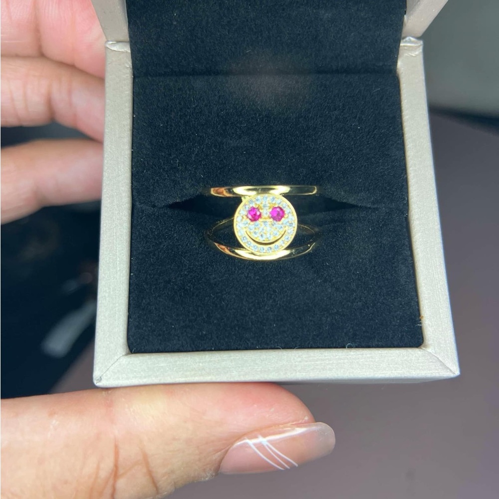 Gold Smiley Face Ring with Pink Accents